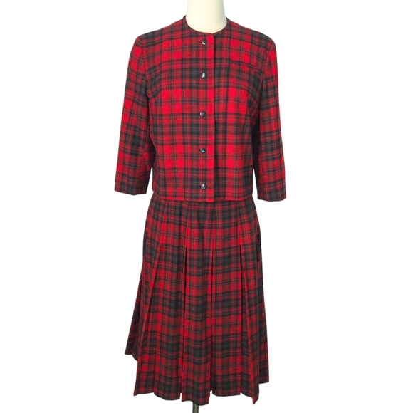 Pendleton Red & Green Vintage Plaid 3/4-Sleeve Suit w Pleated A-Line Midi Skirt - Picture 1 of 5
